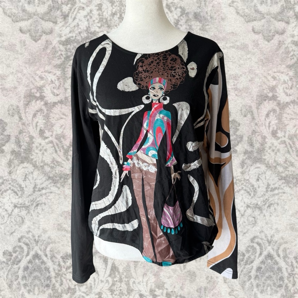 Custo Barcelona Artistic Black and Multicolor Graphic Women's Size 5 Top